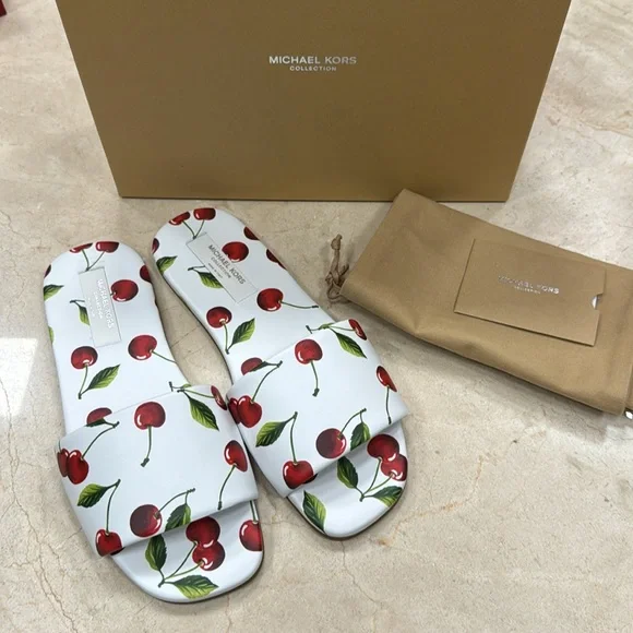MICHAEL KORS COLLECTION DELPHINE RUNWAY PRINTED LEATHER SLIDES IN CHERRY US 8 - Picture 10 of 14